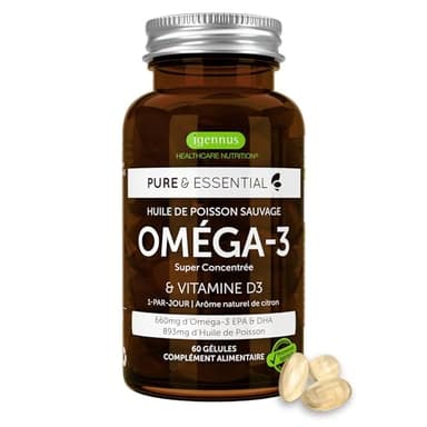 Igennus Omega 3 DHA EPA Huile de Poisson Ultra Pure & D3 1000 UI Haute Absorption Complément Alimentaire & Vitamine Certifié IFOS, Fish Oil rTG Triglycérides, Acide Gras, 60 Gélules Goût Citron
