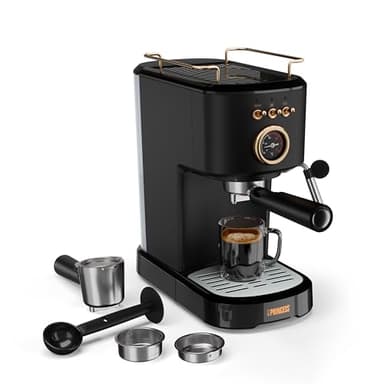 Princess Machine à Expresso, 1100W, 20 Bars, Chauffe-Tasses, Buse Vapeur, Réservoir 1,2L, Compatible Café Moulu et Capsules, Facile à Nettoyer, Arrêt Automatique, 01.249417.01.001