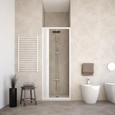 HDcasa Cabine de douche pliante en PVC, modèle Giada, porte extensible unique avec panneaux semi-transparents, ouverture latérale, gain place, blanche, fabriquée Italie, 70 cm
