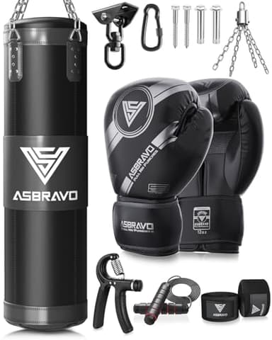 ASBRAVO Sac de Frappe pour Adultes, 120 cm Oxford Lourd Sac de Boxe Ensemble Gants 12 oz pour MMA, Muay Thai, Kickboxing, entraînement à Domicile, Arts Martiaux (Non rempli) - Noir