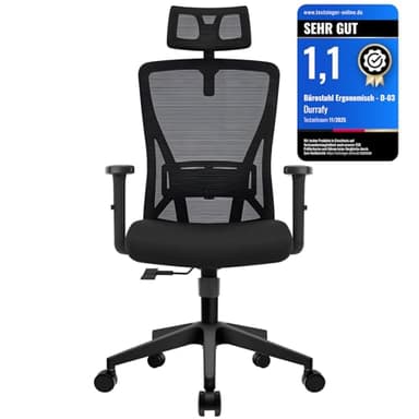 Durrafy Chaise Bureau, Fauteuil de Bureau avec Roullettes, Chaise de Ergonomique Appuie-Tête et Accoudoir Réglables, Maille Respirante, Support Lombaire Réglable, Roulement 150KG