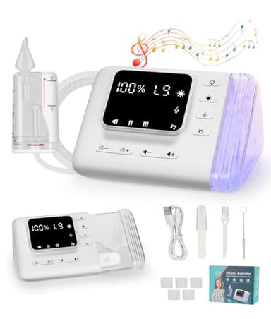 WADEO Mouche Bébé Electrique, Aspirateur Nasal Bebe Electrique avec 9 Niveaux Aspiration Réglables et Chambre de Désinfection, Aspirateur de Sécrétions Nasales Silencieux avec Lumière et Comptine