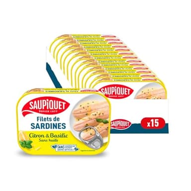 SAUPIQUET - Filets de Sardines Citron Basilic - Sans Huile - Sans Arêtes - Sans conservateurs, colorants ni arômes artificiels - Issus d'une Pêche Traçabilité Garantie - 15 Conserves (100 g)