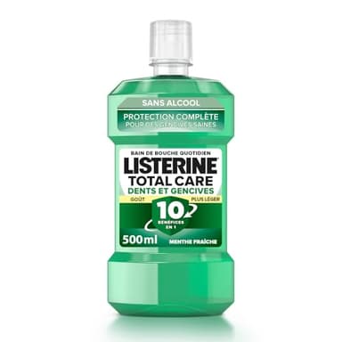 Listerine – Bain de Bouche Total Care Dents et Gencives Goût Plus Léger 0% Alcool (bouteille de 500 ml) – Soin bucco-dentaire 10 en 1 – Bain de bouche sans alcool pour une haleine fraîche durable