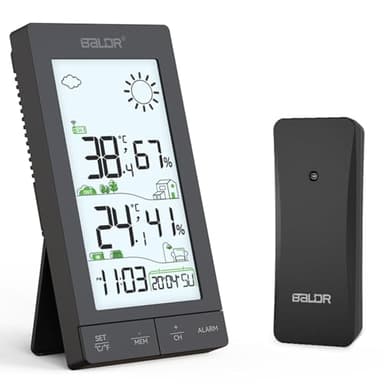 Station Météo Sans Fil Avec Capteur Extérieur, Thermomètre Intérieur Et Extérieur Hygromètre Écran LCD De 6,0’, Prévisions Météo, Jour De La Semaine, Réveil, Fonction Snooze Et Rétroéclairage Noir