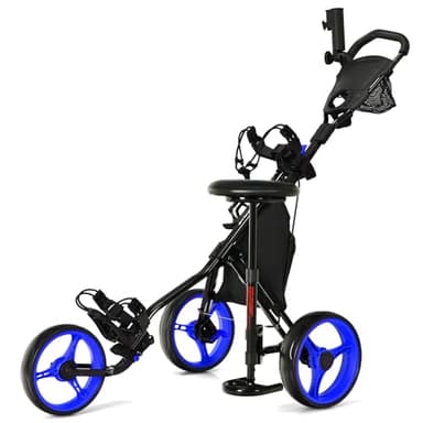 GOPLUS Chariot de Golf à 3 Roues,Voiturettes Golf à 3 Roues Pliable, Pousser Tirer Deluxe, Chariot de Golf Manuel, Ouverture Facile, 130x75x98,5-115,5cm (Bleu)