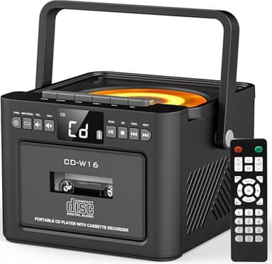 Greadio Lecteur CD portable pour la maison, lecteur de cassette Boombox rechargeable, radio CD avec Bluetooth, télécommande, batterie 5000 mAh, USB, AUX, carte TF/SD, double haut-parleur stéréo 5 W