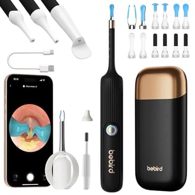 BEBIRD Pro Décireilleur Otoscope, Nettoyeur d'Oreille Flexible avec Caméra, Caméra de Nettoyage d'Oreille avec Pince et Kit Accessoires ORL pour Adultes, Enfants (Noir)
