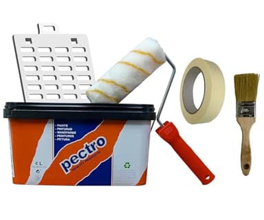 PECTRO Set Peinture blanche mur et plafond 6,6kg (4L) Kit avec rouleau, pinceau, grille et ruban | Interieur Exterieur Enterrés - Acrylique et lessivable au fort pouvoir couvrant - Emballages recyclé
