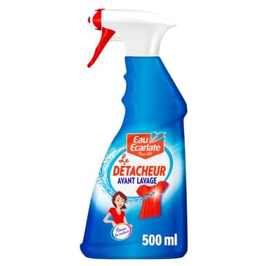 Eau Ecarlate - Détacheur Avant Lavage – Textiles blancs ou colorés – Lavage en machine et à la main - Taches tenaces - Ciblage facile - Bouteille 100% plastique recyclé - Pistolet (500 ml)