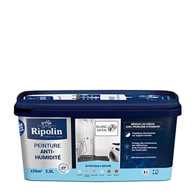 RIPOLIN - Peinture Anti-Humidité Intérieur - Haute Protection pour Murs Sujets aux Infiltrations d'Eau - Protège des Moisissures - Microporeuse & Lessivable - Satin - 2,5L - Blanc
