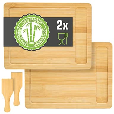 DuneDesign Set d'Assiettes à Raclette 2 Personnes - 30x22 Planche à Raclette en Bois avec Spatule - Dessous de Poêlon à Raclette en Bois - Accessoires pour Raclette - Planchette à Raclette en Bambou
