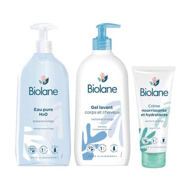 BIOLANE - Essentiels Pour La Toilette - Bébé - Eau pure - Gel lavant - Crème hydratante - Soins - Peaux Sensibles - Fabriqué en France