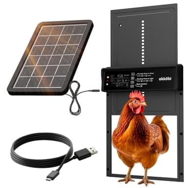 Okkobi Porte Automatique Poulailler Solaire - Ecran LCD - Télécommande, capteur de lumière et minuterie - Sécurité et tranquillité d'esprit : Fonction Anti-pincement - Protection 5 Ans