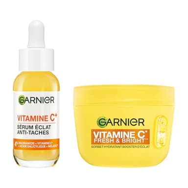 GARNIER - SkinActive - Routine Vitamine C - Crème Sorbet Hydratante Fresh & Bright (85 ml) + Sérum Jour Vitamine C (30 ml) - Réduit Les Taches Brunes, Unifie & Booste l’Éclat - Tous Types de Peaux