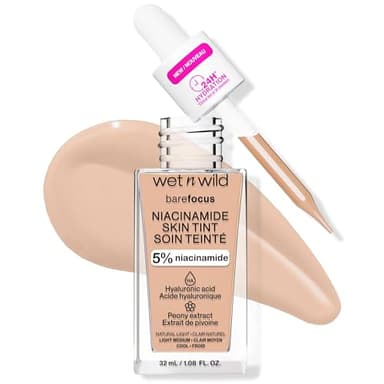 Wet n Wild Bare Focus Niacinamide Skin Tint, Fond de Teint Léger avec Formule Modulable, Enrichi en Acide Hyaluronique et VitamineE pour un Look Radieux, Natural Light