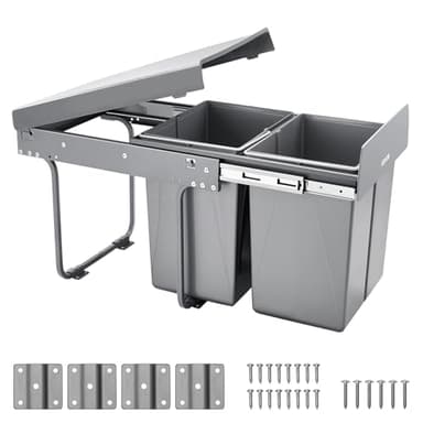 VEVOR Poubelle coulissante pour armoire de cuisine, collecteur de déchets sous évier 20 L x 2, conteneur à déchets sous montage avec système coulissant à extension complète en métal robuste et poignée