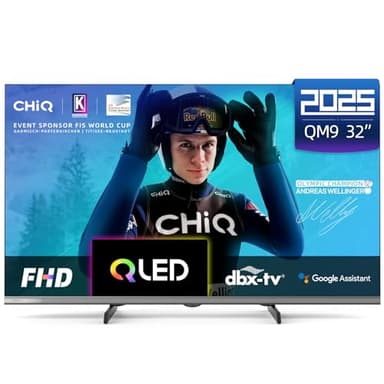 CHIQ L32QM9G 32 Pouces (80 cm) FHD Smart Téléviseur, QLED, HDR10, Google TV, Google Assistant, Tuner Triple, Dolby Audio, DBX-TV, Chromecast intégré, HDMI, USB, sans Cadre en Métal, Noir