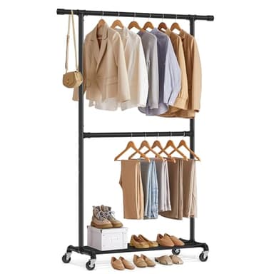 SONGMICS Portant à Vêtements, Capacité de Charge 110 kg, Porte-manteau sur Roulettes, Porte-vêtements Mobile, Tringle du Milieu Réglable, en Métal, Résistant, Style Industriel, Noir HSR62BK