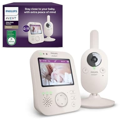 AVENT Philips Babyphone vidéo Premium, Certifié DEKRA, privé et sécurisé avec caméra et Audio, écran de 3,5", Zoom x4, Vision Nocturne, berceuses, température ambiante, 12h en Mode Eco, SCD891/26