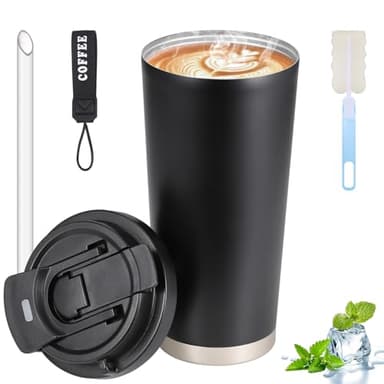 Hejo 530 ml Mug Isotherme Cafe Noir, Tasses Isotherme Réutilisables avec Couvercles, Tasse Café Chaudes, Tasse de Voyage en 316 Acier Inoxydable pour Café Chaud et Froides, Lait et Thé