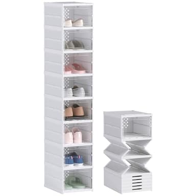 HOMCOM Lot de 8 boîtes à chaussures pliables, boîtes de rangement pour chaussures en plastique empilables, rangement chaussure avec couvercles, pour pointure jusqu'à 43, blanc, 26x35x140cm