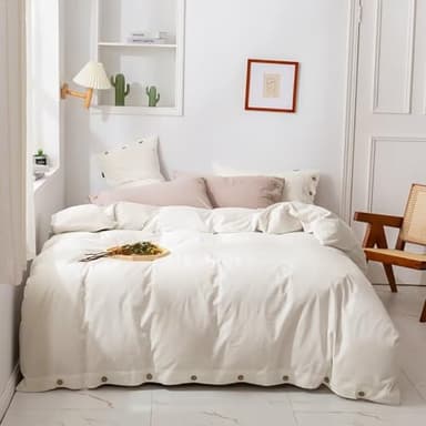 Joanna&Season Housse de Couette en Lin Coton Lave 160x200cm Combine Le Style et Naturel du Lin avec Les caracteristiques Douces du Coton avec 2 taies d'oreiller de 50x75cm Fermeture à Bouton (Beige)