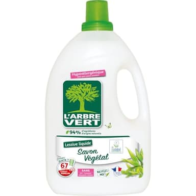 L'Arbre Vert Lessive Ecolabel Savon Végétal - Hypoallergénique - 67 Lavages - 94% d'ingrédients d'origine naturelle - 3.015L