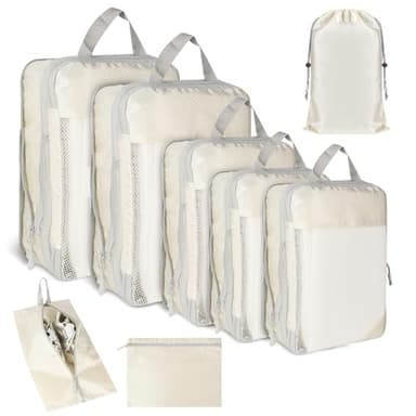 8 Pièces Organisateur Valise, Beige Sac de Compression Voyage,Packing Cubes Imperméables pour Rangement Voyage, Sacs de Rangement pour Vêtements, Chaussettes, écharpes,Chaussures et Accessoires