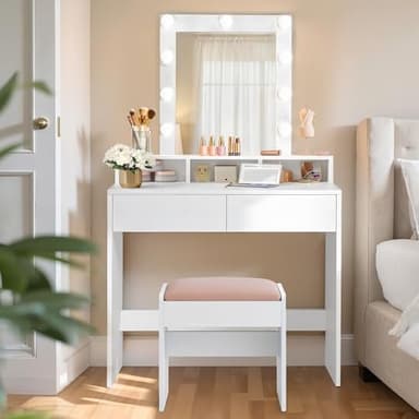 VASAGLE Kailyn Collection - Coiffeuse avec Miroir et Lumière, Table de Maquillage, avec Tiroirs, Rangement Bijoux, pour Chambre, avec Tabouret, Largeur de 80 cm, Blanc Nuage RDT714W01