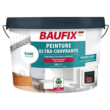 Baufix Peinture ultra-couvrante blanc, satinée mate, 10 litres, Peinture Mur blanche, Pour intérieur, très fort pouvoir couvrant, de classe 1