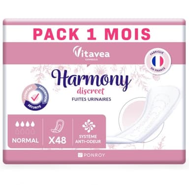 60 Serviettes Hygiéniques Incontinence Femme - Protection Urinaire Femme - Serviette Post Accouchement - Absorbante & Anti-Odeur - Fabriqué en France - 4 Gouttes - Pack 1 mois - Harmony Discreet