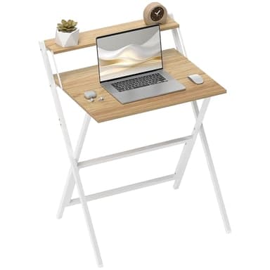 HOMCOM Bureau Pliable Table d'ordinateur 65,5 x 45 cm avec étagère de Rangement, Bureau Informatique Table d'écriture pour Chambre, Petits espaces, Bois Naturel