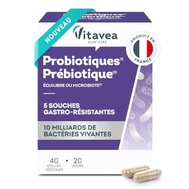 VITAVEA BIEN-ETRE - Probiotiques Prébiotique - Probiotique Flore Intestinale - Equilibre intestinal et digestif - 5 souches probiotiques & prébiotique - 40 gélules - 20 jours - Fabriqué en France