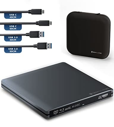 techPulse120 Externe USB 3.1 USB-C Lecteur Graveur UHD 4k 3D M-Disc Blu-Ray DVD CD BDXL HDR10 128GB Superdrive Windows macOS Deluxe Aluminium Gris