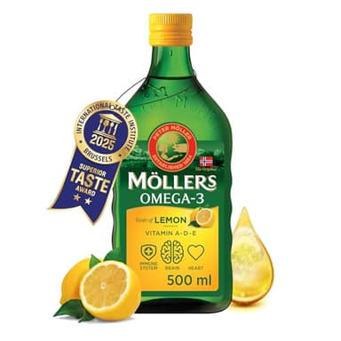 Moller’s ® | Huile de foie de morue oméga 3 | Compléments alimentaires oméga-3 avec EPA, DHA, vitamines A, D et E | Prix Superior Taste | Marque vieille de 166 ans | Citron | 500 ml