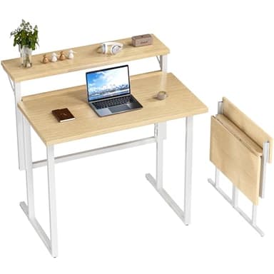 JUMMICO Petit Bureau Pliable 80 x 62 cm, Bureau d’Ordinateur Pliant avec Support Moniteur pour Petit Espace, Table pour Travailler et Etudier, Facile à Assembler, Beige
