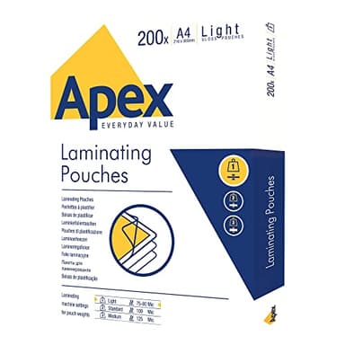 Fellowes Apex Lot de 200 pochetons à plastifier Format A4 Faible capacité