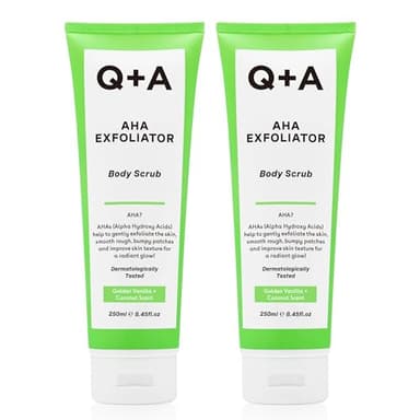 Q+A AHA Exfoliator Body Scrub (250ml x 2), Exfoliating Body Scrub with AHA and Lactic & Glycolic Acid, Smooths Rough Dry Skin, Brightens & Hydrates, Vanilla & Coconut Scent