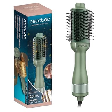 Cecotec Brosse à Air Volumisante CeramicCare Unique Olive. 1200W, Démêle, Sèche, Donne du Volume, Lisse et Ondule, Revêtement Céramique avec Kératine et Huile d'Argan, 3 Modes.