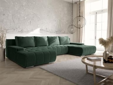Tendencio Canapé panoramique Convertible BOLUTI en Velours côtelé avec Coffre de Rangement (Vert)