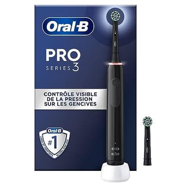 Oral-B Pro 3 3000 Brosse À Dents Électrique Oscillo-Rotative, Capteur De Pression Pour Protéger Les Gencives Sensibles, Mode Blancheur, 2 Brossettes Rondes De Rechange, 1 Chargeur, Noire