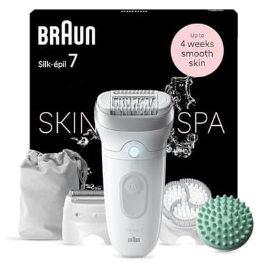 Braun Silk-épil 7 SkinSpa, Épilateur Avec Tête Large Pour Épilation Facile, Le Sabot Tondeuse Pour Les Zones Sensibles, Peau Douce Longue Durée, Kit Tout-En-Un Skin Spa, 7-081, Étanche, Blanc/Argent