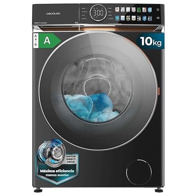 Cecotec Lave-linge 10Kg Frontal Bolero DressCode 10980 Direct Drive Steel A. 1400RPM, Moteur DirectDrive, Basse Consommation, Écran FullColor, Finitions Imitation Cuir, Porte XXL, Lumière UV et Vapeur