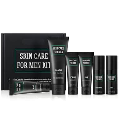 Kit de soins pour la peau hommes - Ensemble anti-âge complet avec nettoyant le visage, gommage exfoliant, sérum pour le visage, crème pour les yeux, crème hydratante matin et soir pour, 6 pièces