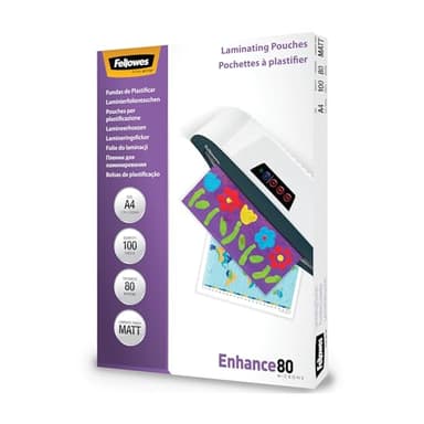 Pochettes de plastification Fellowes au format A4, 80 microns, Pack de 100 Feuilles à plastifier, Finition Mate et de Haute Qualité, Idéal pour les photos et affiches