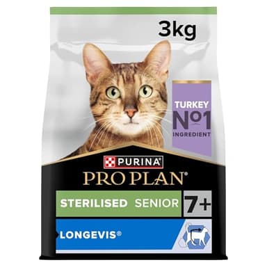 PURINA PRO PLAN | LONGEVIS | Sterilised 7+ | Alimentation complète | Chat Senior Stérilisé de 7 ans et plus | Pour une vie plus longue en bonne santé | A la Dinde | Croquettes | Sac | 3 Kg