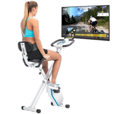 Skandika Foldaway X-1000 Plus - Vélo Appartement en X Pliable avec Dossier - 8 Niveaux de Resistance - Jusqu'à 130 KG - Bluetooth (Blanc/Bleu)