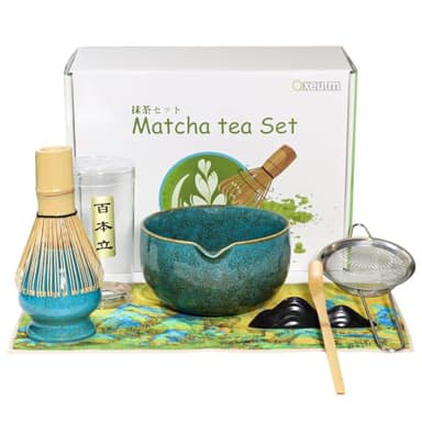 Matcha Kit Complet 7 Pièces - Coffret Cérémonie Thé avec Bol Céramique, Chasen Bambou, Cuillère - Accessoires Thé Japonais pour Petit Déjeuner/Latte - Idée Cadeau Élégant (bleu)