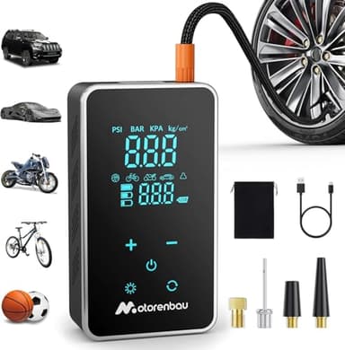 Motorenbau Compresseur à Air Portatif, Gonfleur Pneus Voiture sans Fil 4000 mAh, 150 PSI avec Écran LCD Numérique, 4 Modes, Gonfleur Électrique Rechargeable pour Voitures, Vélos, Motos et Ballons